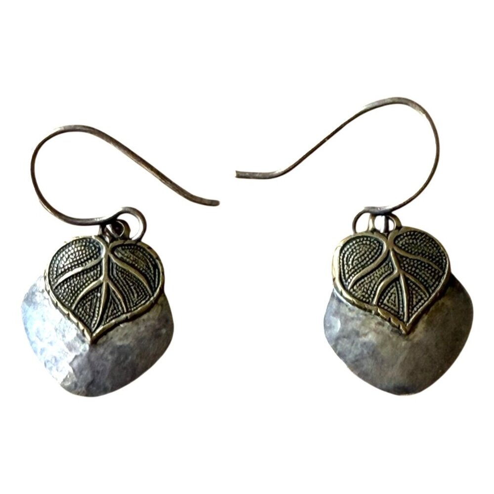 Artisan Sterling Silver Hammered Leaf Dangle Drop Earrings Boho Ethnic Trible